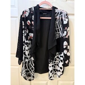 Women's Black White Floral Open Duster Size L/XL Sheer Career Mature Professiona